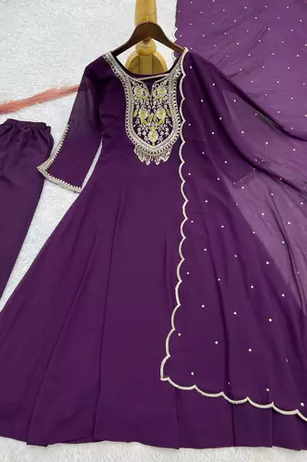 plum color embroidery sequin work with ready-made lace border faux georgette gown set