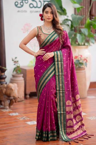 pink soft silk blend designer saree with zari motifs & rich border
