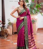 Pink premium soft silk blend designer saree with zari motifs & rich border