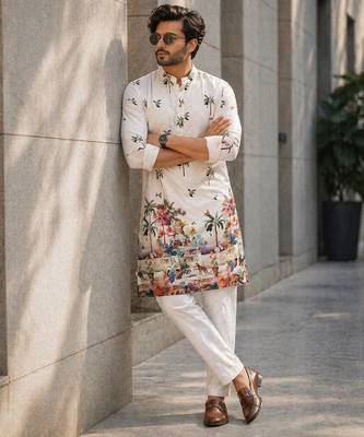 Ivory digital print men's kurta with crochet sequin work 2