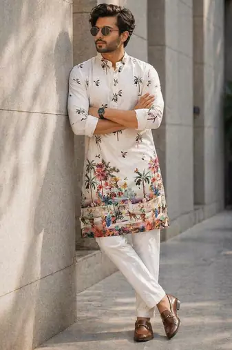 Ivory digital print men's kurta with crochet sequin work