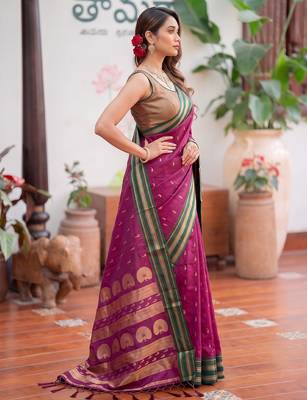 Pink premium soft silk blend designer saree with zari motifs & rich border 2