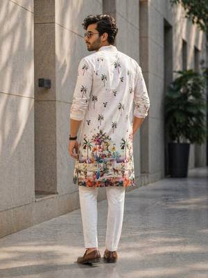 Ivory digital print men's kurta with crochet sequin work 3