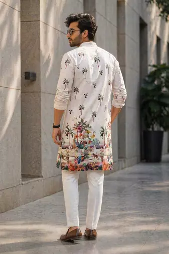 Ivory digital print men's kurta with crochet sequin work