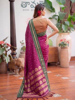 Pink premium soft silk blend designer saree with zari motifs & rich border 3