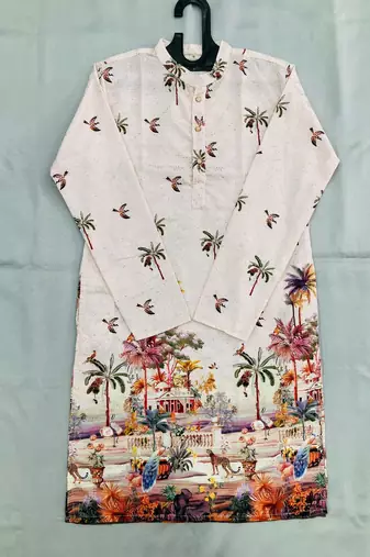 Ivory digital print men's kurta with crochet sequin work