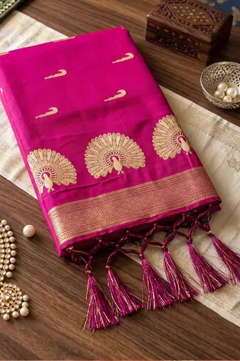 Light pink premium soft silk blend designer saree with zari motifs & rich border