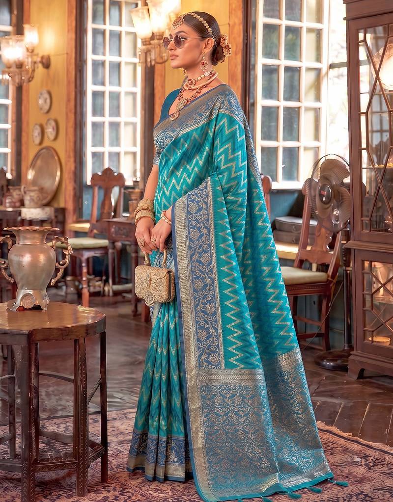teal blue premium silk blend designer saree with woven zari motifs & heavy pallu with unstitch blouse