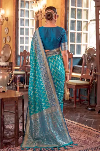 teal blue premium silk blend designer saree with woven zari motifs & heavy pallu with unstitch blouse