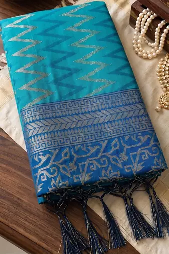 teal blue premium silk blend designer saree with woven zari motifs & heavy pallu with unstitch blouse