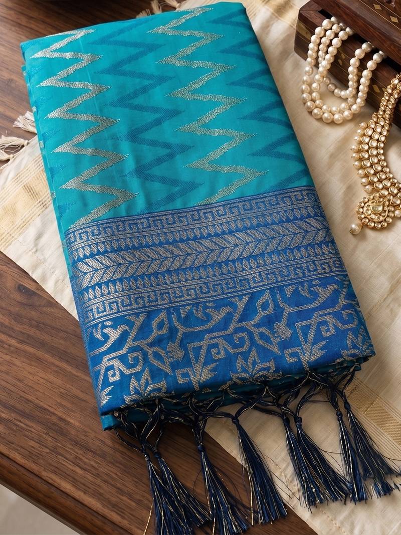 teal blue premium silk blend designer saree with woven zari motifs & heavy pallu with unstitch blouse