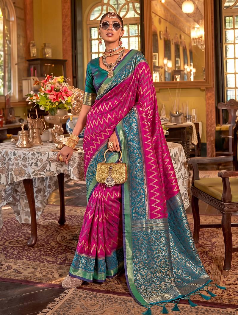 teal blue premium silk blend designer saree with woven zari motifs & heavy pallu with unstitch blouse