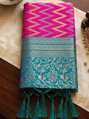 teal blue premium silk blend designer saree with woven zari motifs & heavy pallu with unstitch blouse 4
