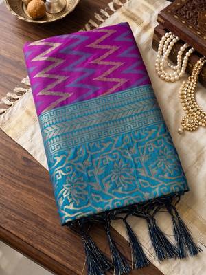 teal blue premium silk blend designer saree with woven zari motifs & heavy pallu with unstitch blouse 4