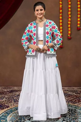 White Premium Rayon Lehenga Blouse & Koti Set