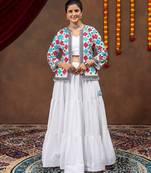 White Premium Rayon Lehenga Blouse & Koti Set