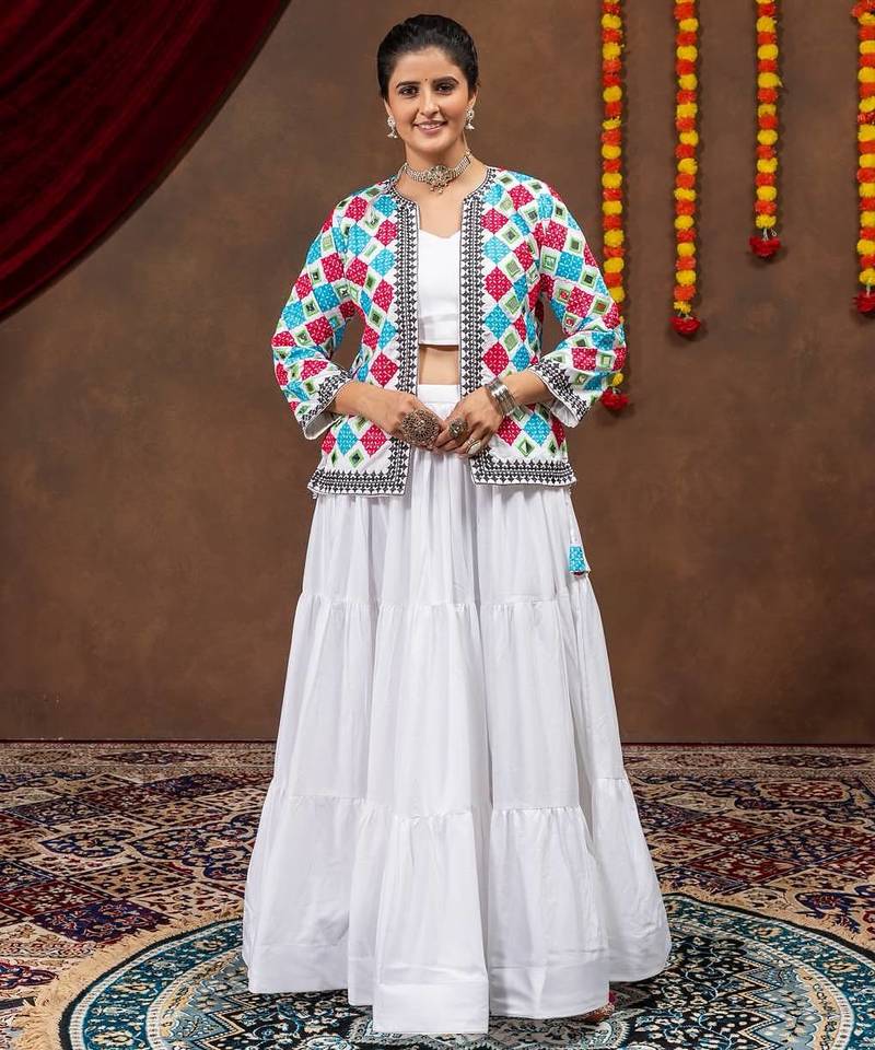 White Premium Rayon Lehenga Blouse & Koti Set