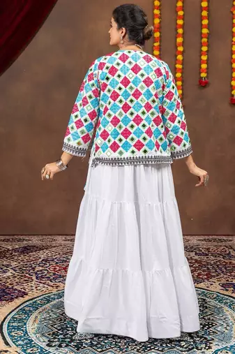 White Premium Rayon Lehenga Blouse & Koti Set