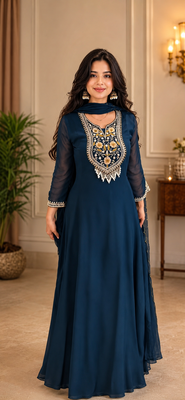 teal color embroidery sequin work with ready-made lace border faux georgette gown set 1
