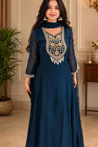 teal color embroidery sequin work with ready-made lace border faux georgette gown set