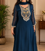 teal color embroidery sequin work with ready-made lace border faux georgette gown set