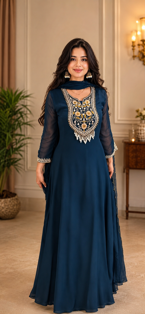 teal color embroidery sequin work with ready-made lace border faux georgette gown set