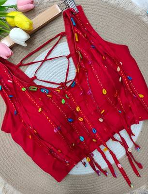 Red navratri handwork mirror blouse 1