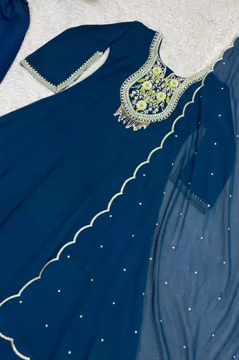 teal color embroidery sequin work with ready-made lace border faux georgette gown set