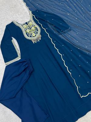 teal color embroidery sequin work with ready-made lace border faux georgette gown set 3