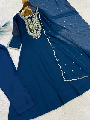 teal color embroidery sequin work with ready-made lace border faux georgette gown set 4
