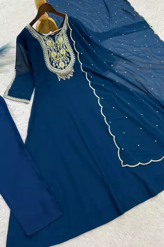 teal color embroidery sequin work with ready-made lace border faux georgette gown set