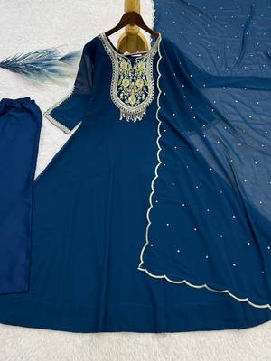 teal color embroidery sequin work with ready-made lace border faux georgette gown set 5
