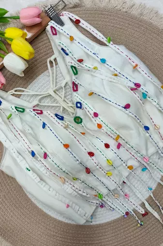White navratri handwork mirror blouse