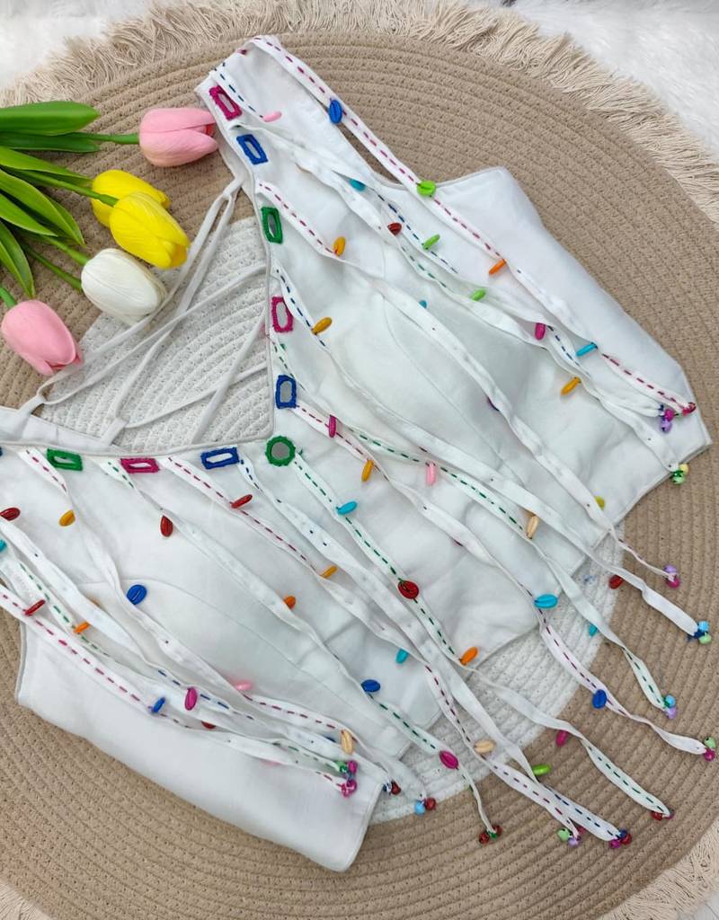 White navratri handwork mirror blouse