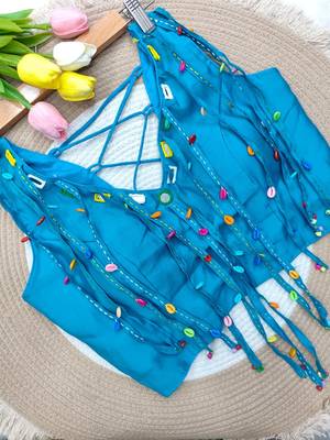 Sky blue navratri handwork mirror blouse 1