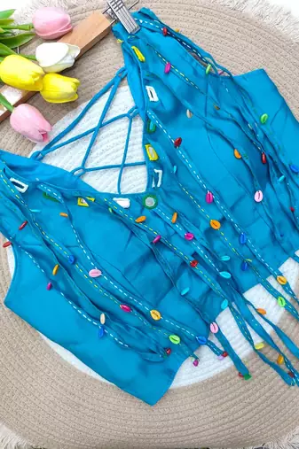 Sky blue navratri handwork mirror blouse