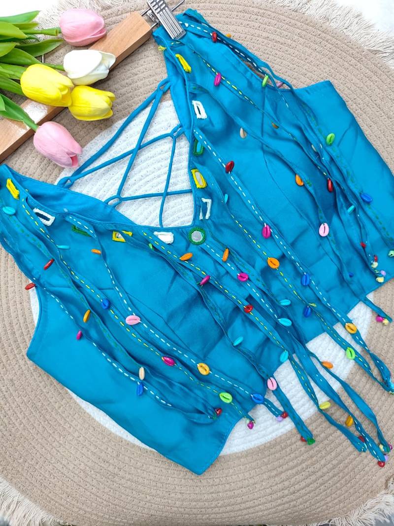 Sky blue navratri handwork mirror blouse
