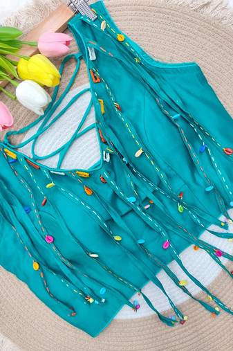 Teal navratri handwork mirror blouse