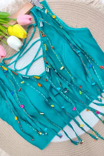 Teal navratri handwork mirror blouse