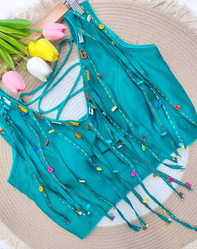 Teal navratri handwork mirror blouse