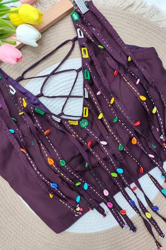 Wine navratri handwork mirror blouse