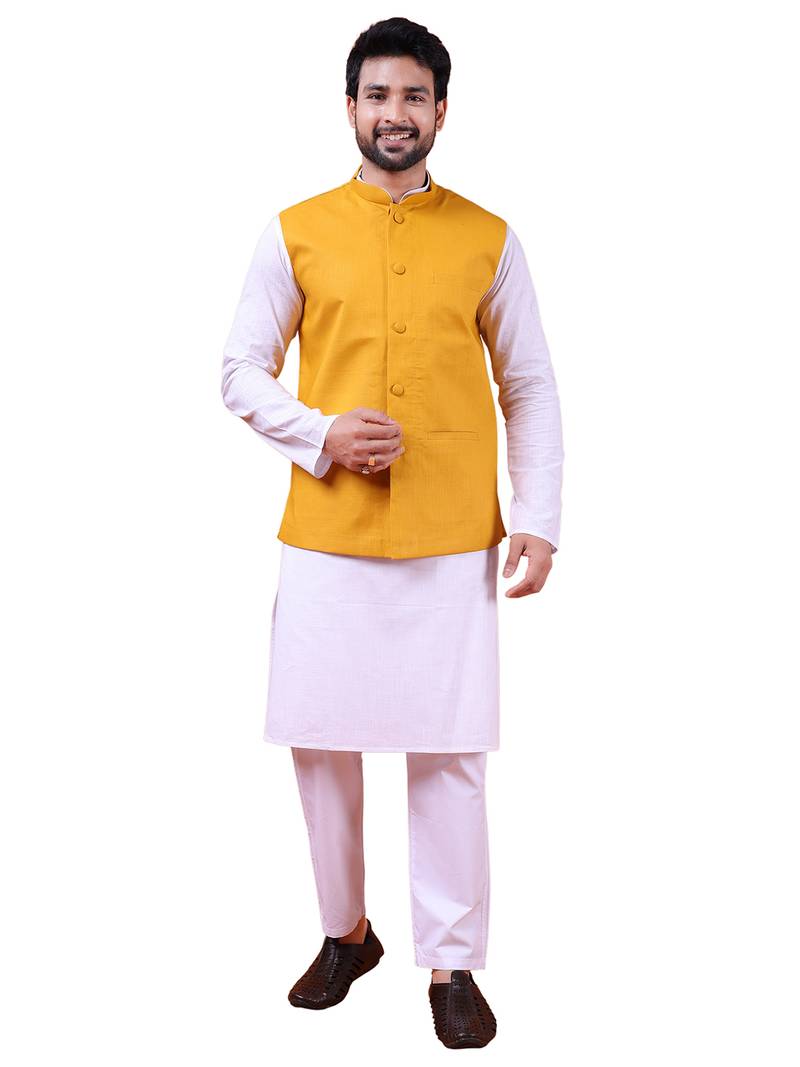 W&g pure cotton men nehru jacket mustard