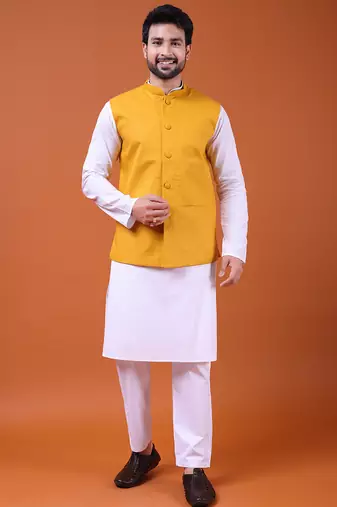 W&g pure cotton men nehru jacket mustard