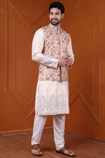 W&g silk blend men nehru jacket (jacquard design) multicolour