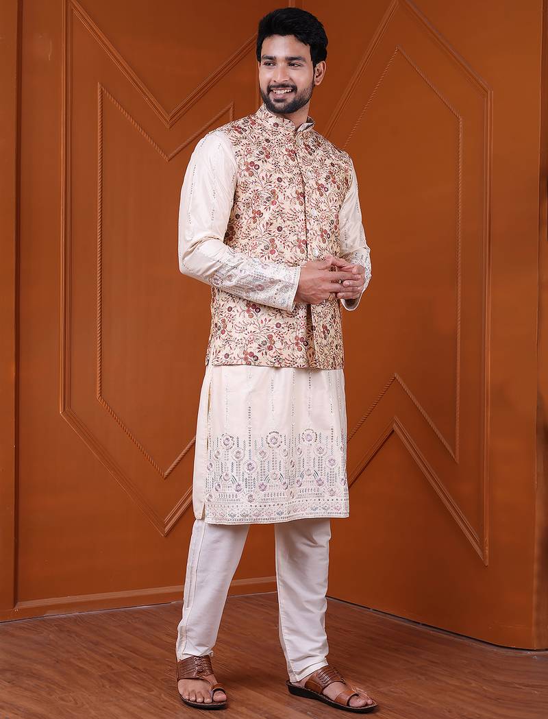 W&g silk blend men nehru jacket (jacquard design) multicolour