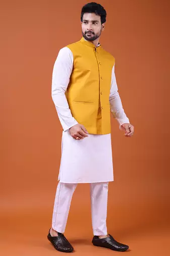 W&g pure cotton men nehru jacket mustard