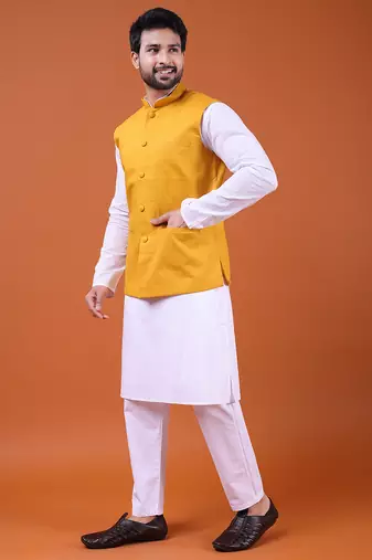 W&g pure cotton men nehru jacket mustard