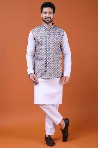 W&g cotton blend men nehru jacket multicolour