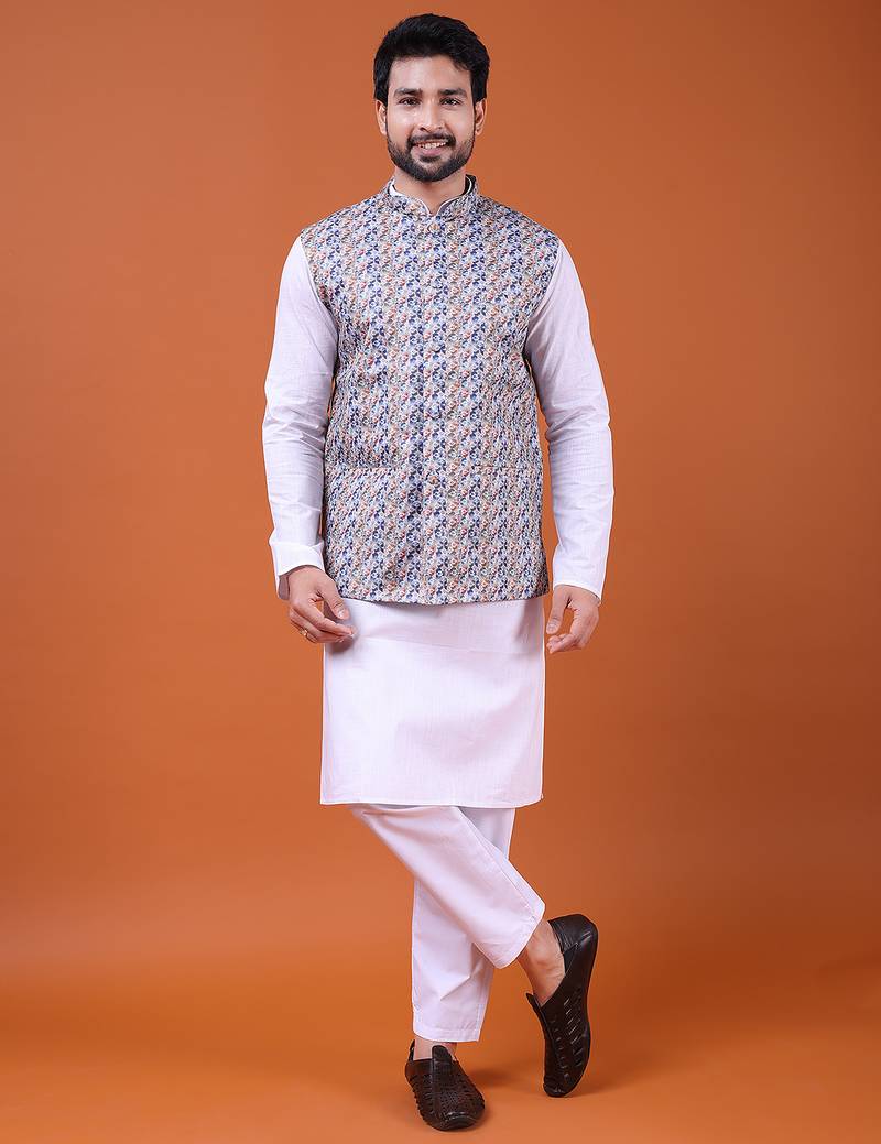 W&g cotton blend men nehru jacket multicolour