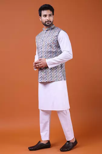 W&g cotton blend men nehru jacket multicolour